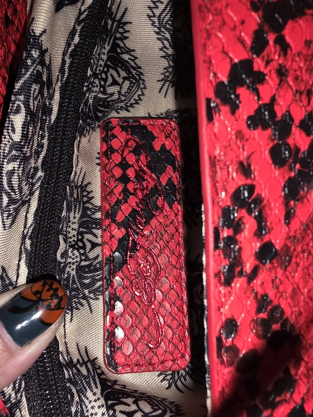 Ed Hardy Red and Black Snake-Print Satchel with Charm Chain